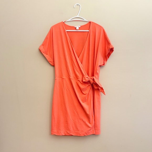 $9🎅🏼 Joe Fresh Vibrant Coral Drop Shoulder T-Shirt Cotton Wrap Dress - Picture 1 of 13